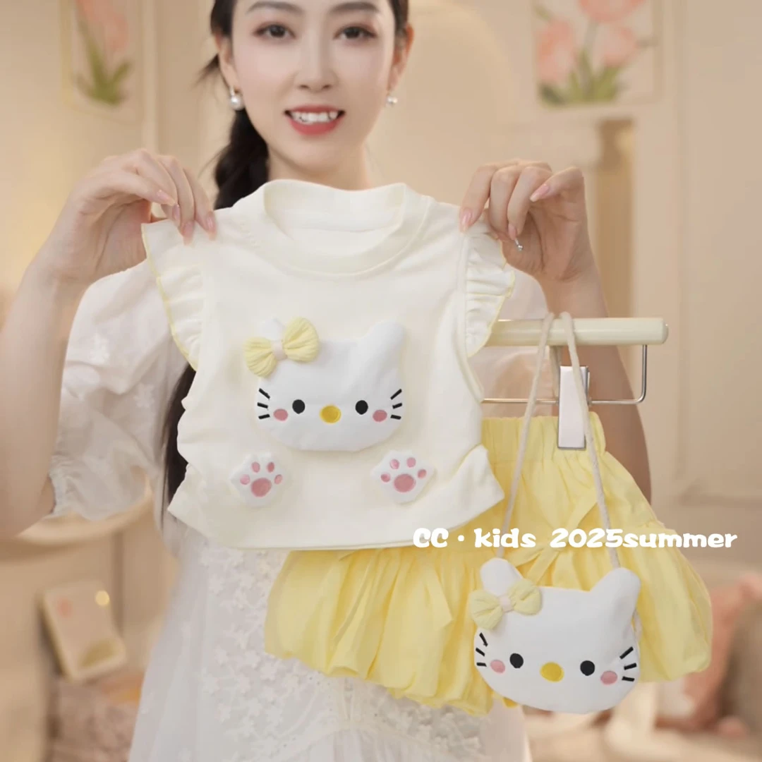 儿童装女童夏季新款女宝宝时尚卡通可爱风猫咪黄色飞袖套装25508