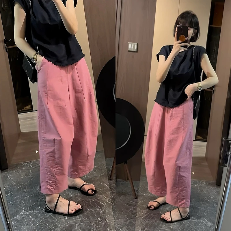 今年流行九分弯刀裤高腰宽松粉色阔腿裤子女2025新款夏季薄款女士