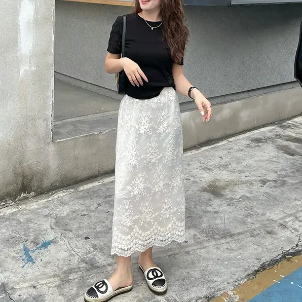 A型拼接韩版提花高腰半裙蕾丝A字裙常规半身裙气质宽松复古