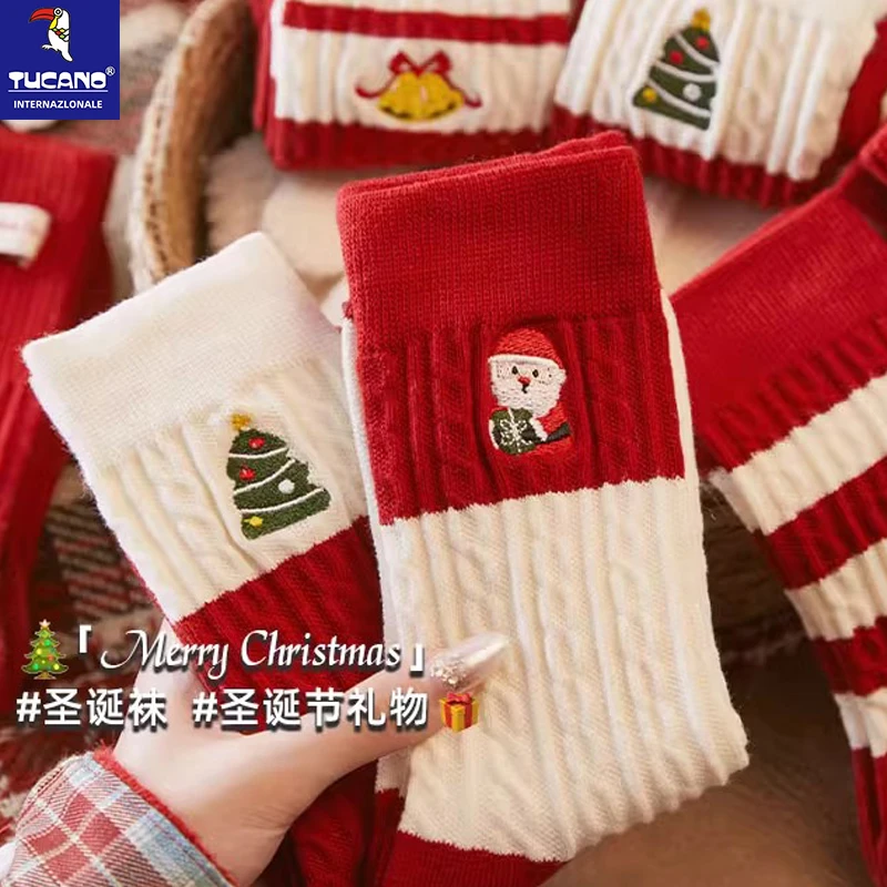 圣诞袜子女棉质袜秋冬季礼盒圣诞礼物圣诞节情侣刺绣中筒袜男冬天