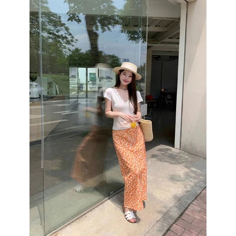 韩系甜美温柔洋气时髦休闲百搭V领短袖上衣高腰半身裙显瘦碎花裙