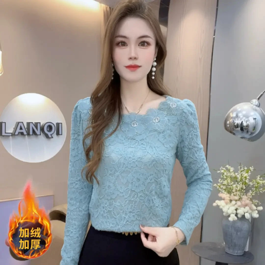 A9153洋气磨毛蕾丝长袖打底冬季新款时尚修身保暖减龄上衣