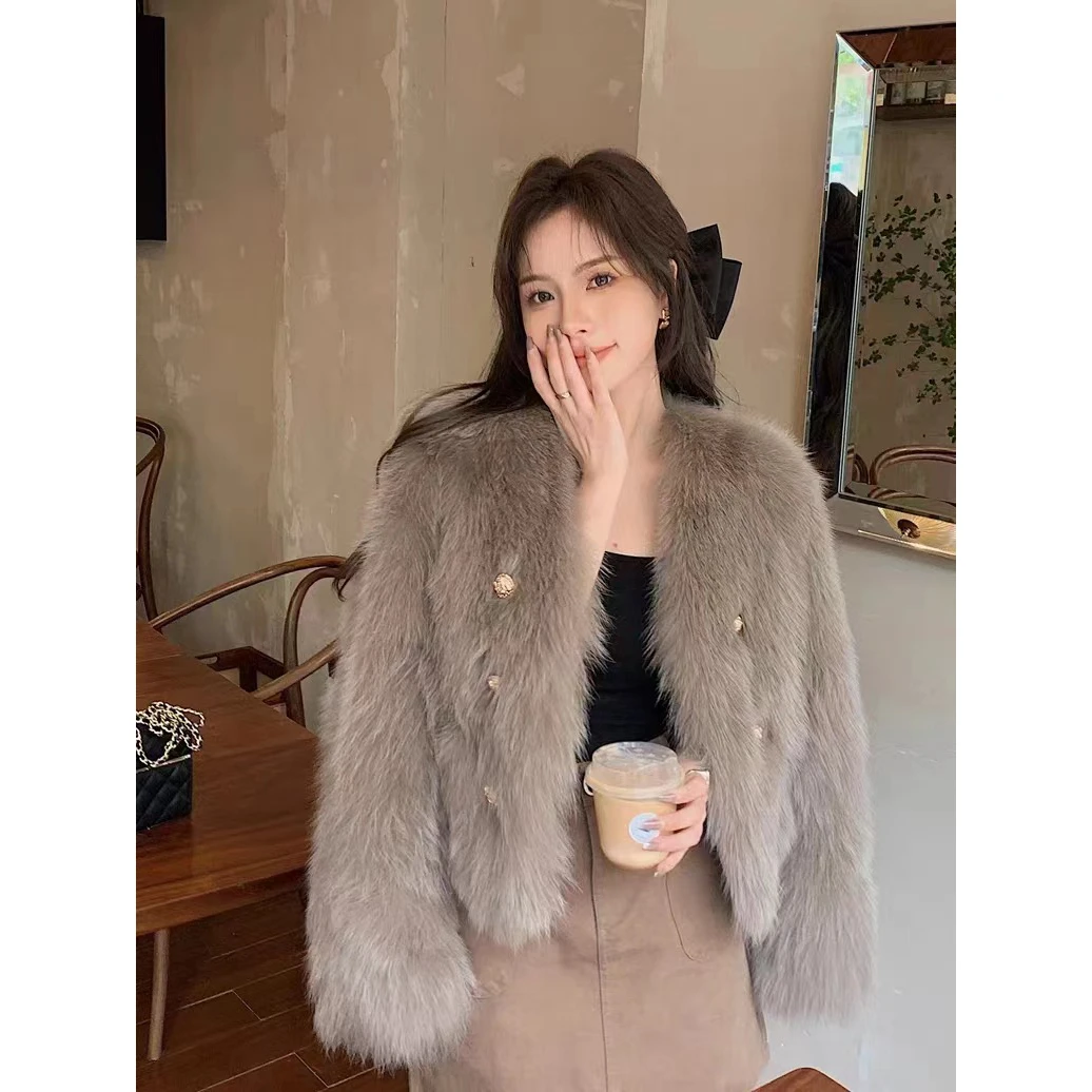 海宁环保毛毛仿皮草外套女秋冬气质名媛双排扣网红洋气炸街女装