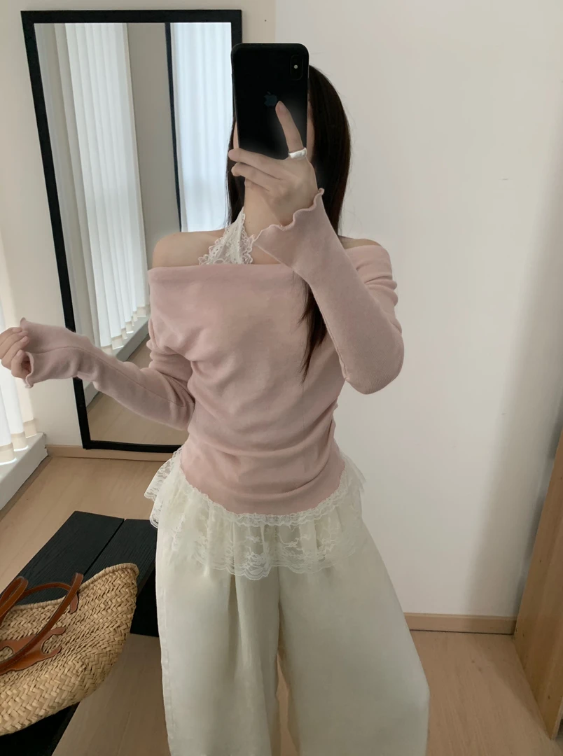 TS Hyvaa 【F班袁湘琴】纯欲显瘦一字肩挂脖蕾丝拼接假两件