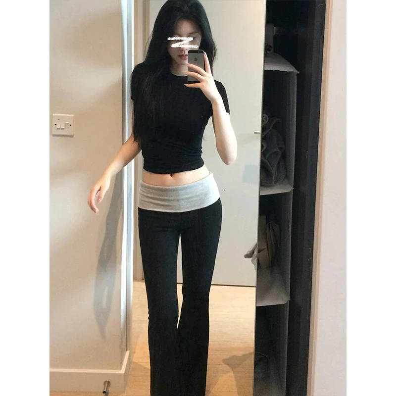 Moses Queen/魔西女王高腰微喇裤长裤夏季拼接休闲裤显瘦修身拖地