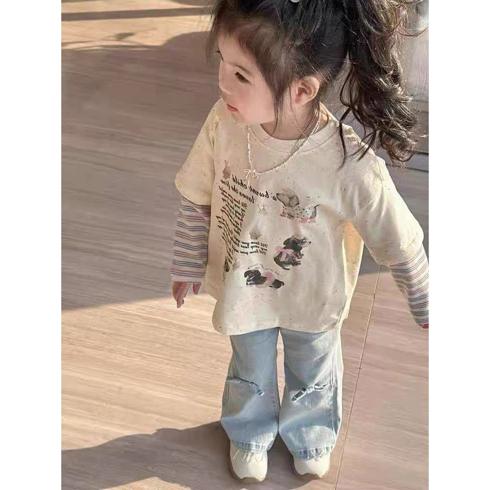 【断码清货】2025春彩点小狗假两件圆领T恤 D223 223 R Q 