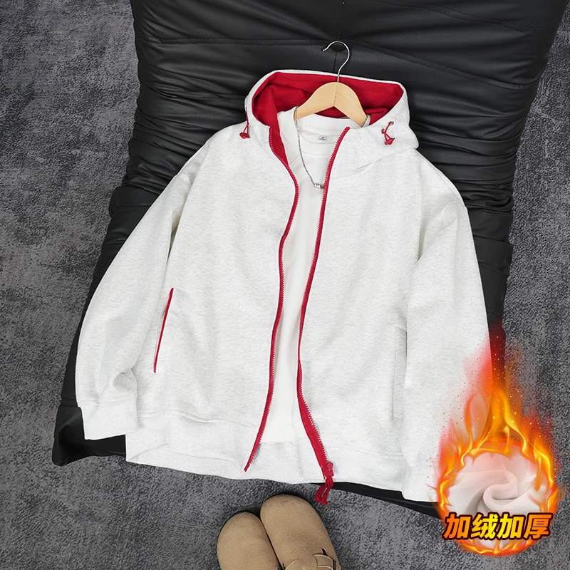 秋冬男款cleanfit美式复古慵懒风拼接撞色加绒卫衣外套连帽开衫