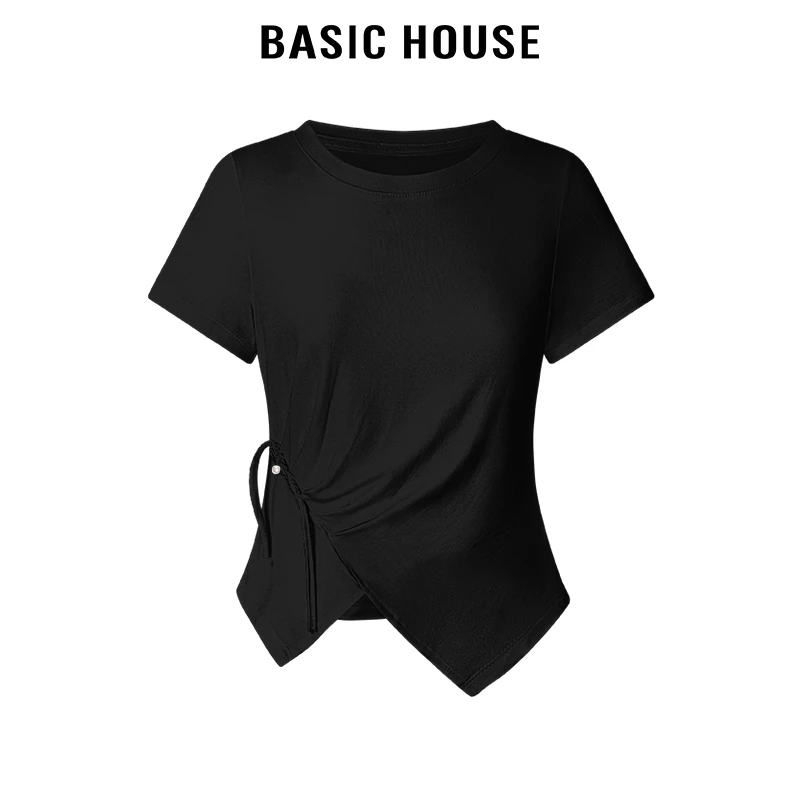百家好/BasicHouse2024小众别致圆领新中式盘扣褶皱短袖T恤上衣女