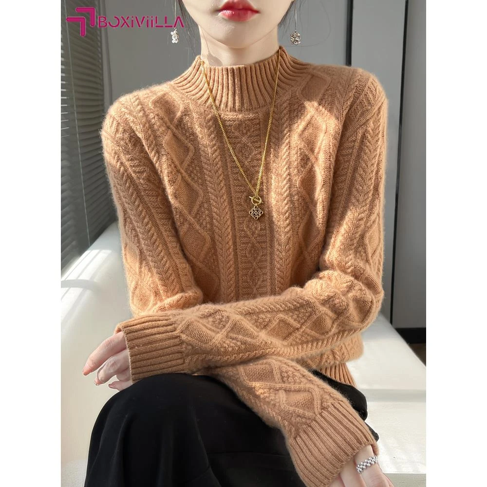 Boxiviilla加厚慵懒风半高领毛衣女宽松内搭提花麻花针织衫毛衫大