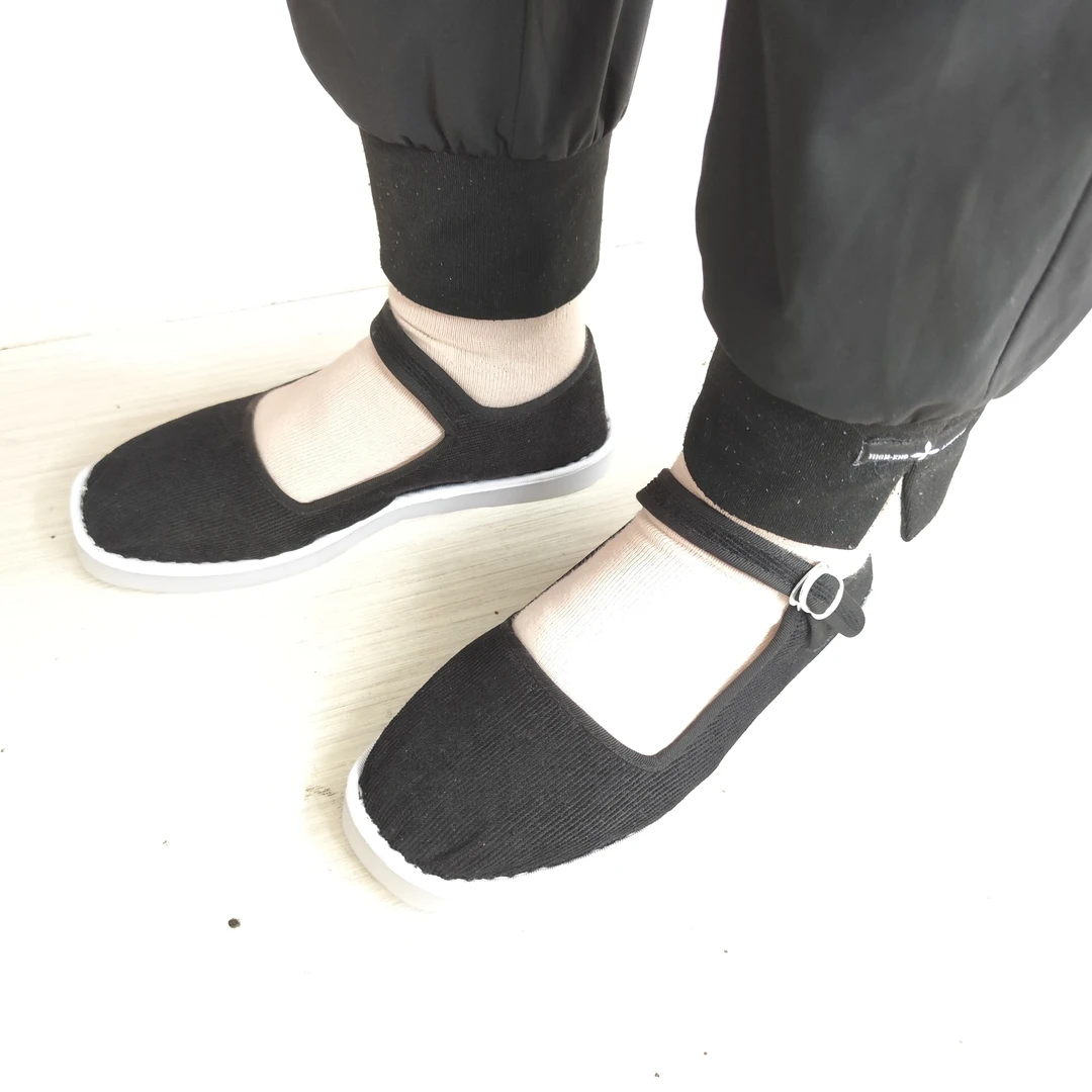 女士黑布鞋条绒料一带方口鞋浅口四季布鞋缝制平底平跟休闲民族风