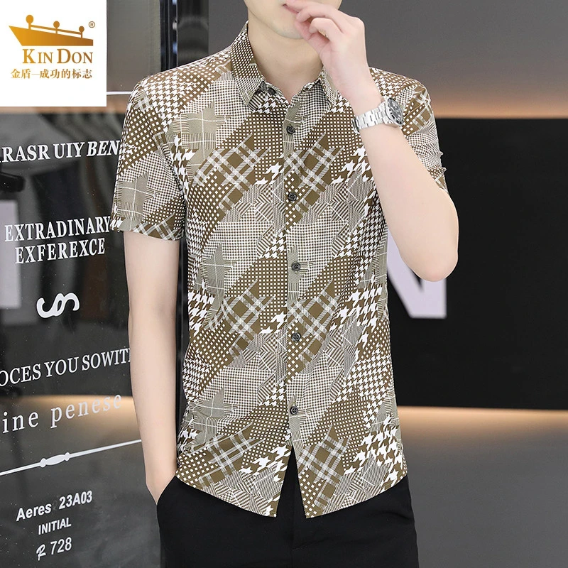 金盾 男士短袖衬衫夏季薄款花衬衫冰丝修身衬衣青年帅气寸衫男