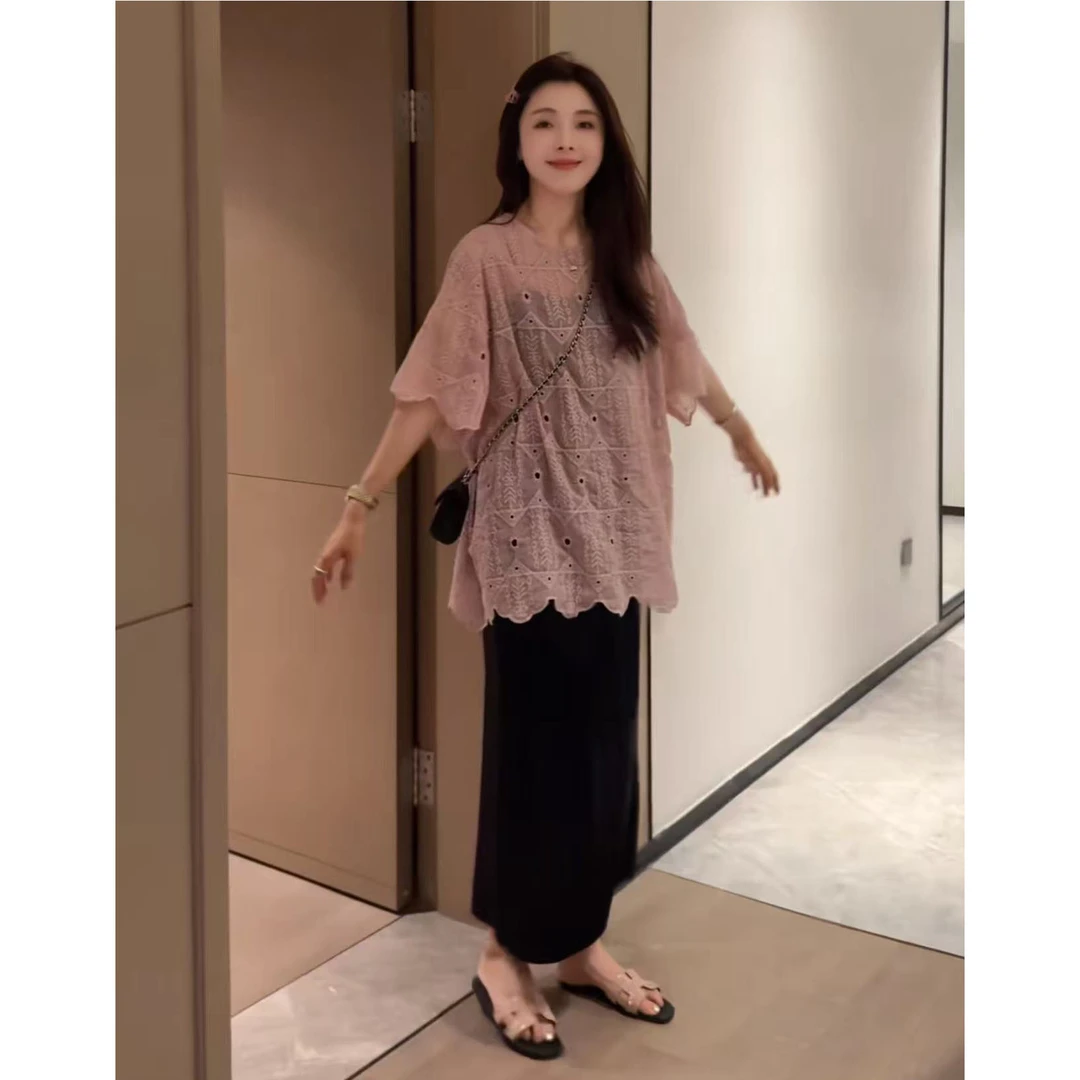 今年流行穿搭一整套2025新款镂空设计短袖罩衫显瘦半身裙休闲套装