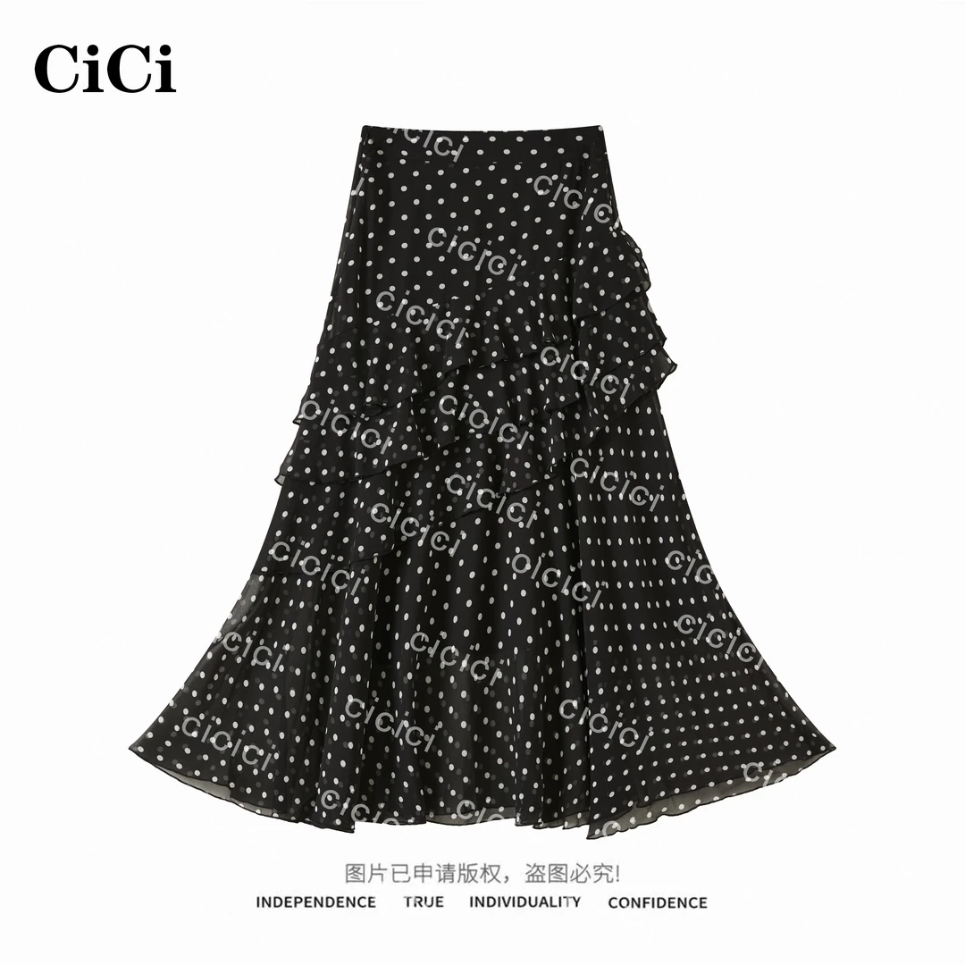 【CiCi酱】「芋泥波波」新款荷叶边设计时尚垂感测开衩波点裙C25Q8150
