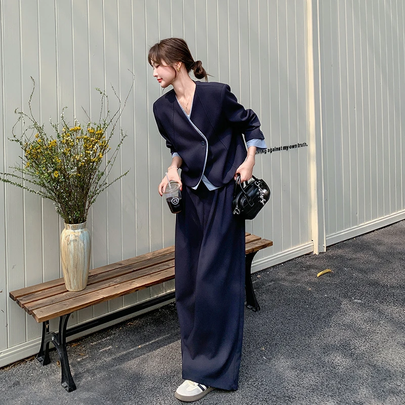 飘带藏青色西装阔腿裤套装女春秋又a又飒独特漂亮超火减龄两件套
