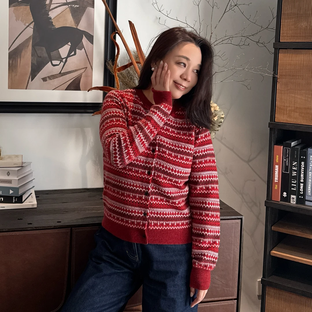 Ms.Qnn“L*P开衫”羊毛羊绒提花撞色针织羊毛衫外套 37C1812 Q姐