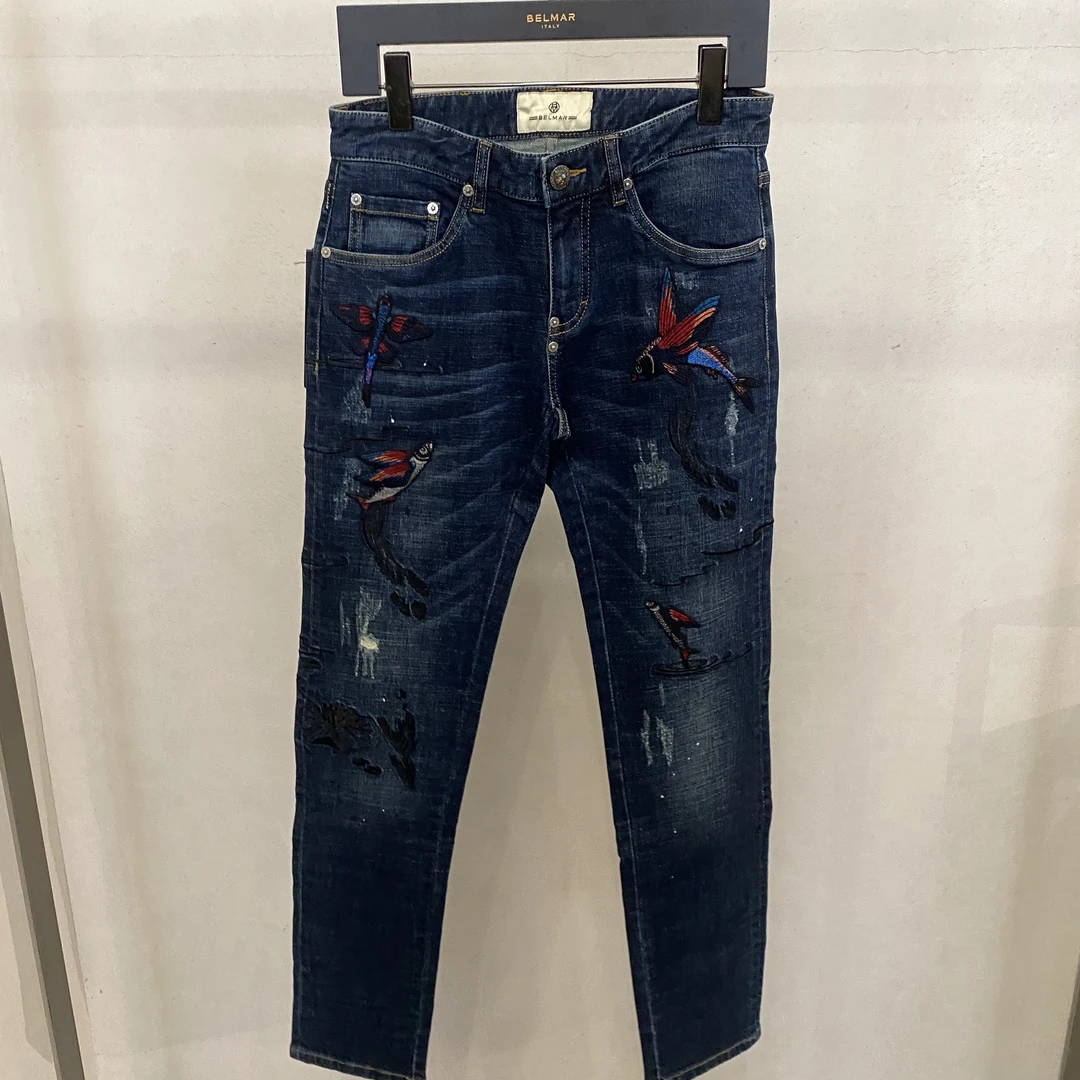 【BGEE】刺绣男士时尚百搭重工潮流图案休闲牛仔裤直筒3318E2126