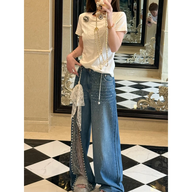 春夏宽松百搭设计感牛仔裤蕾丝拼接亮钻珍珠阔腿裤高腰长裤