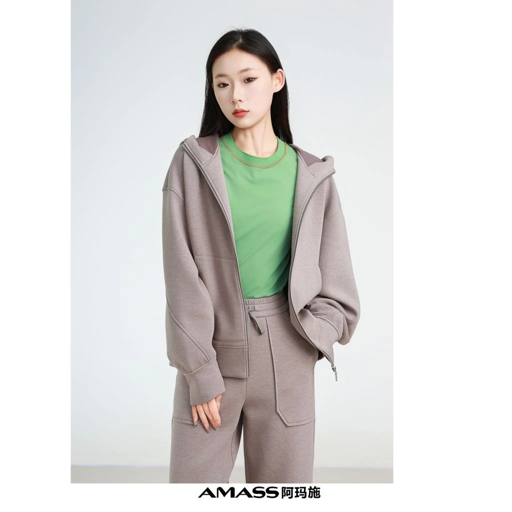 AMASS/阿玛施5400935新款时尚休闲百搭宽松纯色连帽拉链卫衣外套