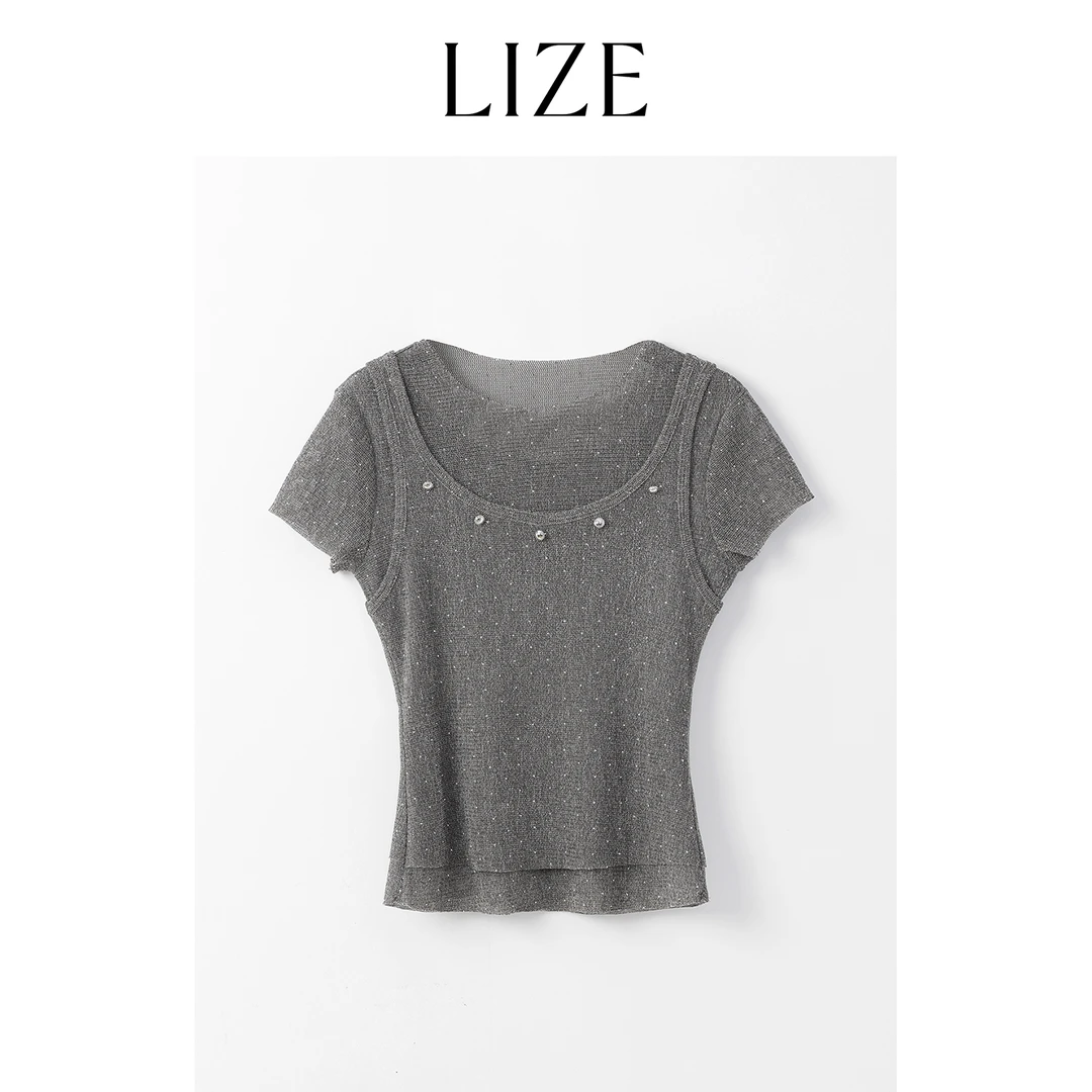 LIZE「星闪女神T」定纺花纱肌理棉.手工烫钻.假两件T恤ZEA0147