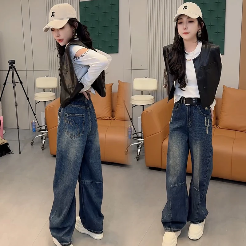 2025秋季新款时尚显瘦气质网红套装女宽松大码马甲牛仔裤两件套潮