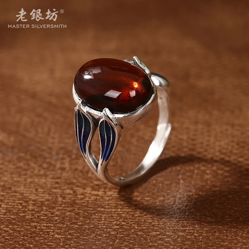 【老银坊】s925银丹凤羽毛血珀戒指 00311868