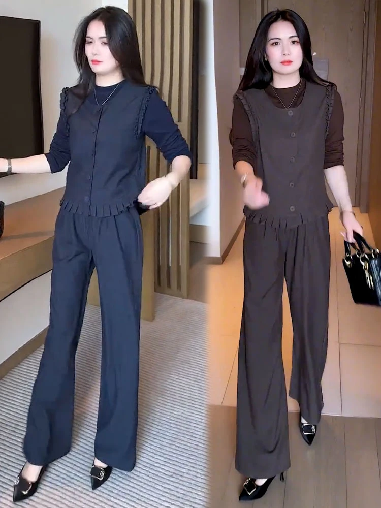 2025秋季新款休闲时尚套装女气质洋气显瘦马甲打底衫阔腿裤三件套