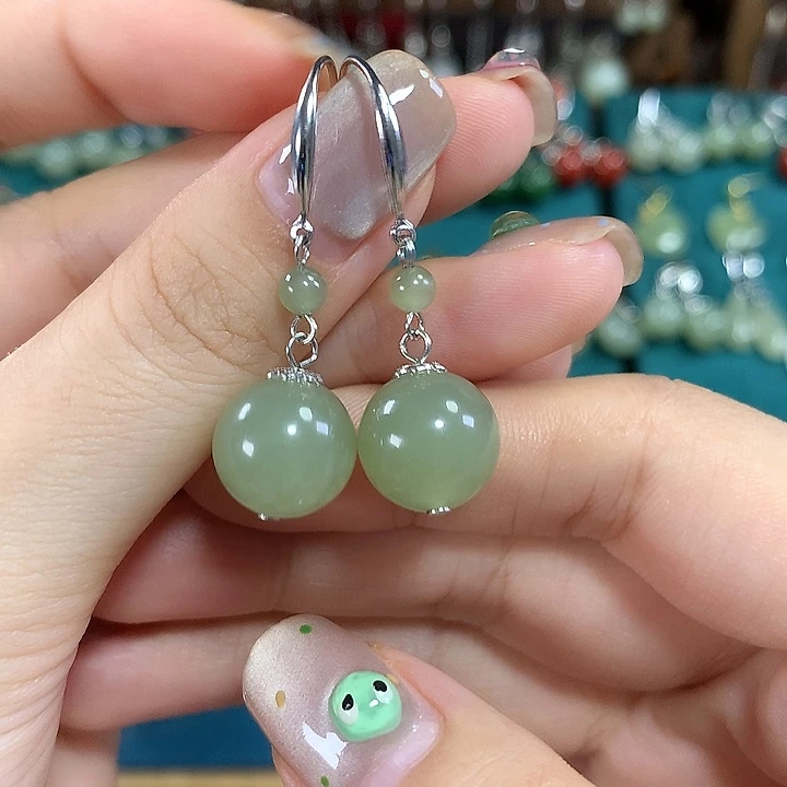 和田玉银S925镶嵌耳饰天然长12mm左右冰晴水