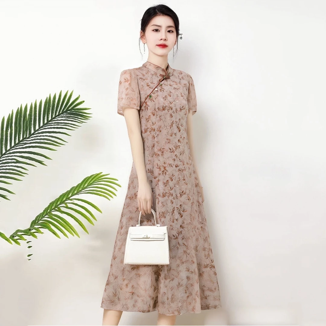2007商场同款2025夏季优雅印花复古修身显瘦中国风气质旗袍连衣裙