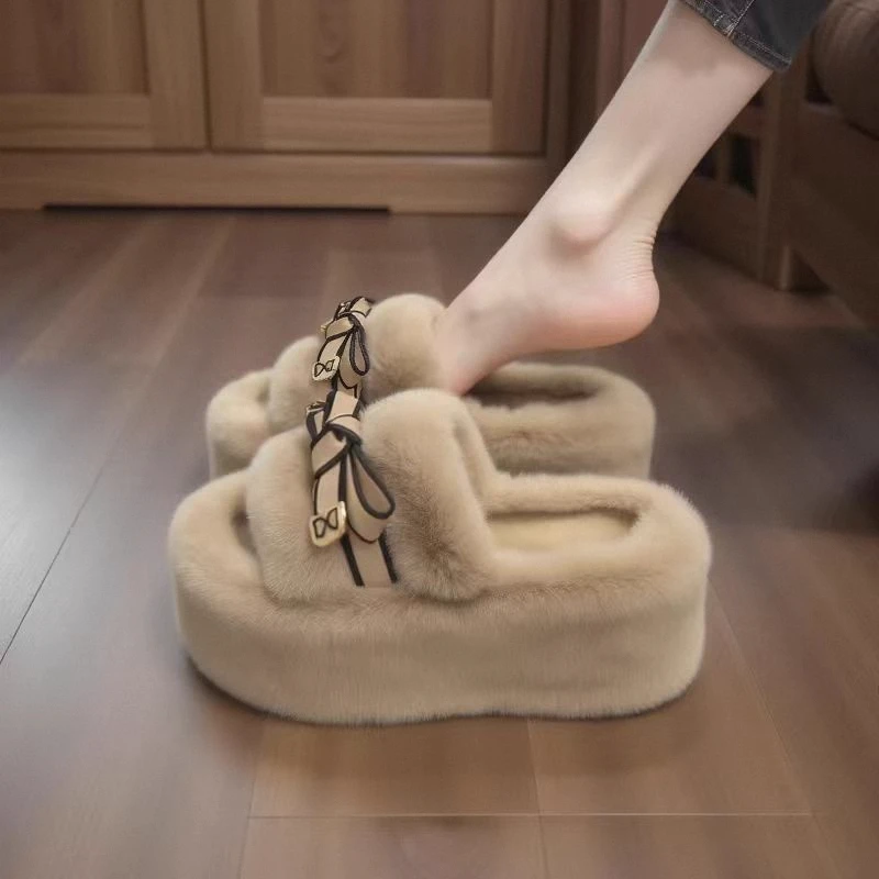 水貂绒毛毛拖鞋女外穿2025新款冬季增高8CM小个子一字软底棉拖鞋