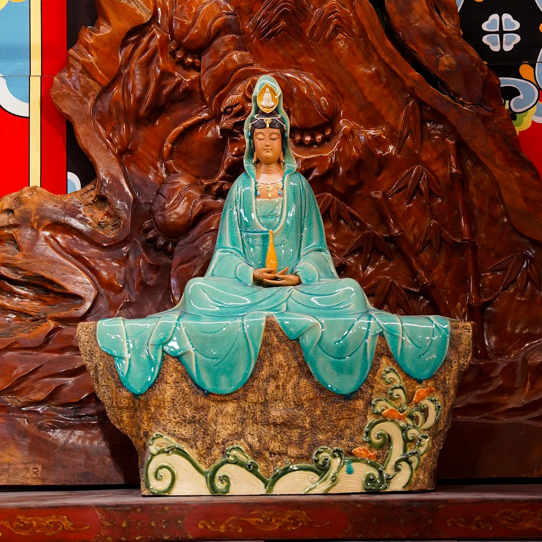 【本尼家】非遗手工石湾陶水月观音菩萨中式禅意客厅玄关装饰摆件