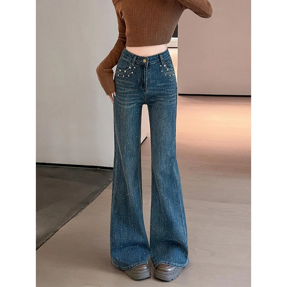 重工烫钻微喇牛仔裤女长裤秋冬季新款高腰显瘦弹力阔腿喇叭裤子