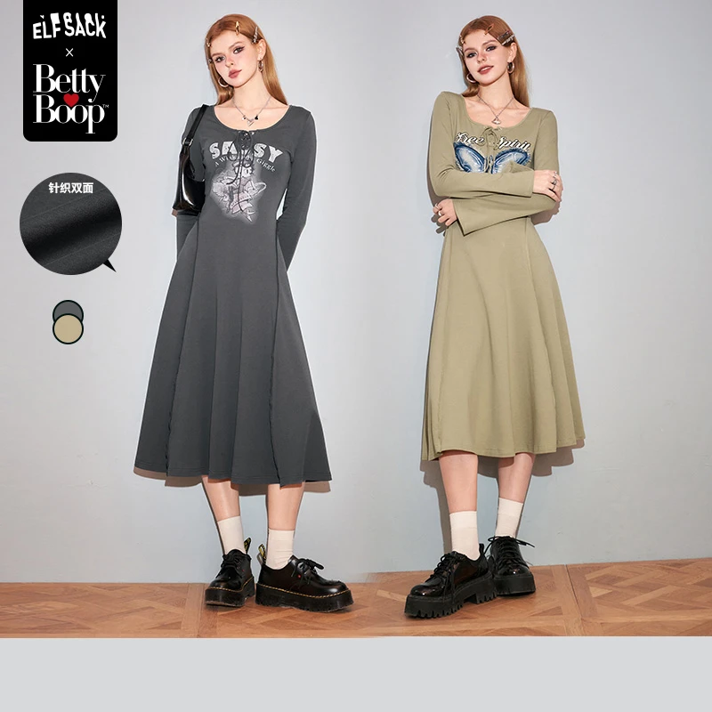 【新】妖精的口袋艺术现身拼接收腰连衣裙女秋显瘦Q