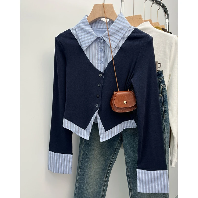 春秋假两件短款条纹打底衬衫女设计感小众独特别致甜辣妹长袖上衣