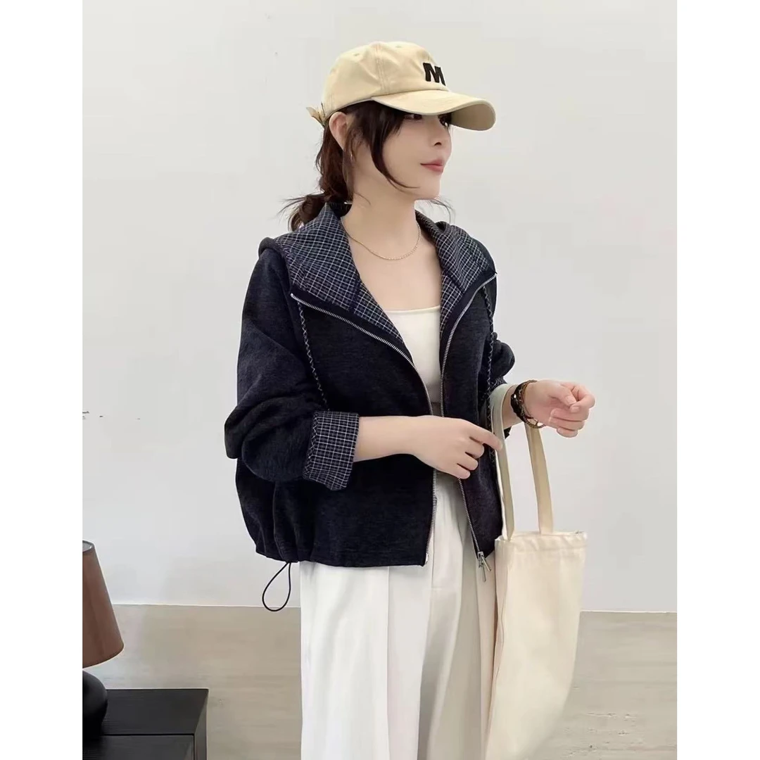 时尚减龄格子连帽短款外套女2025秋季新品韩版宽松显瘦519#