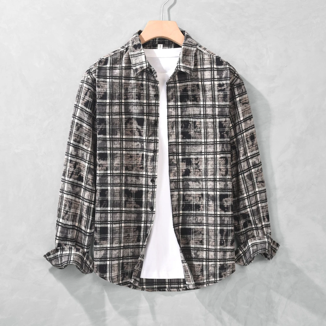 春季潮牌衬衫情侣同款时尚复古条纹格纹宽松长袖衬衫 NS17 8912