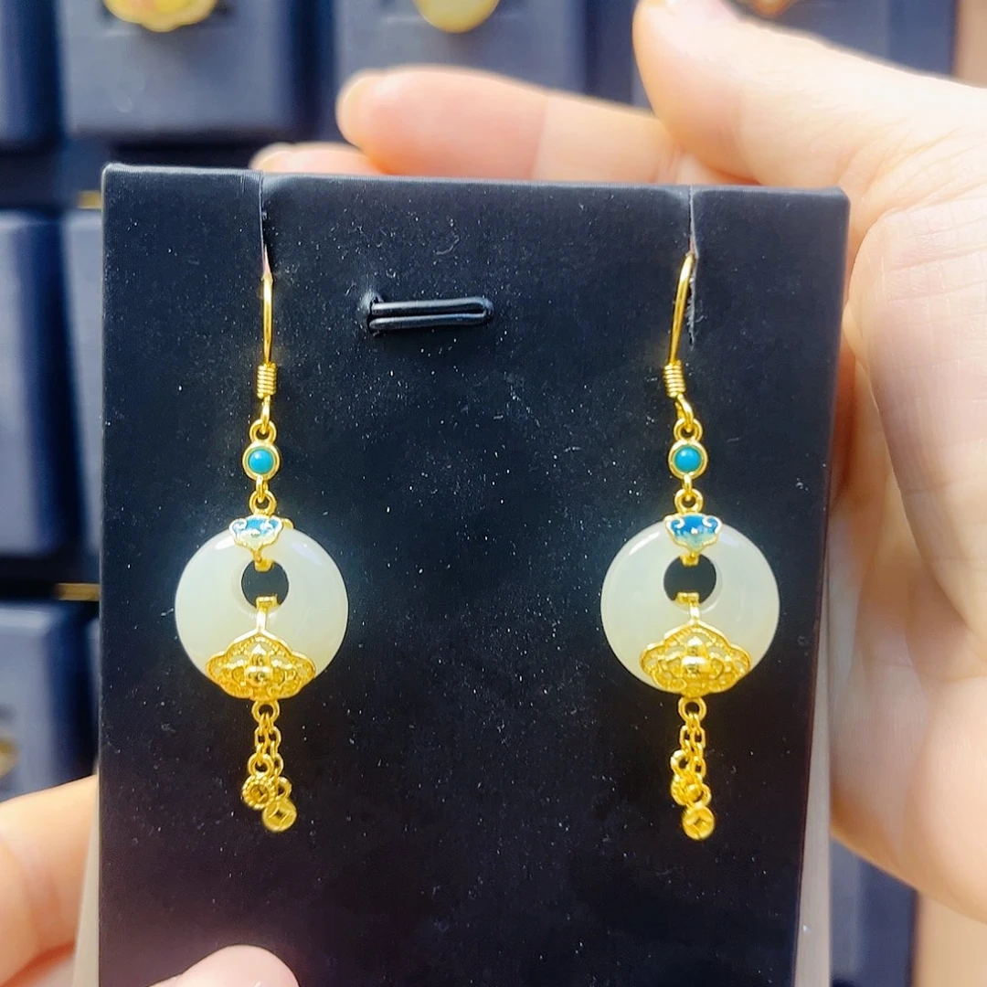 和田玉银S925镀金镶嵌耳饰