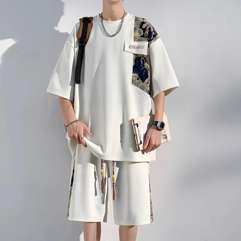 潮牌时尚美式宽松休闲运动短袖T恤男夏季百搭新款纯棉帅气套装