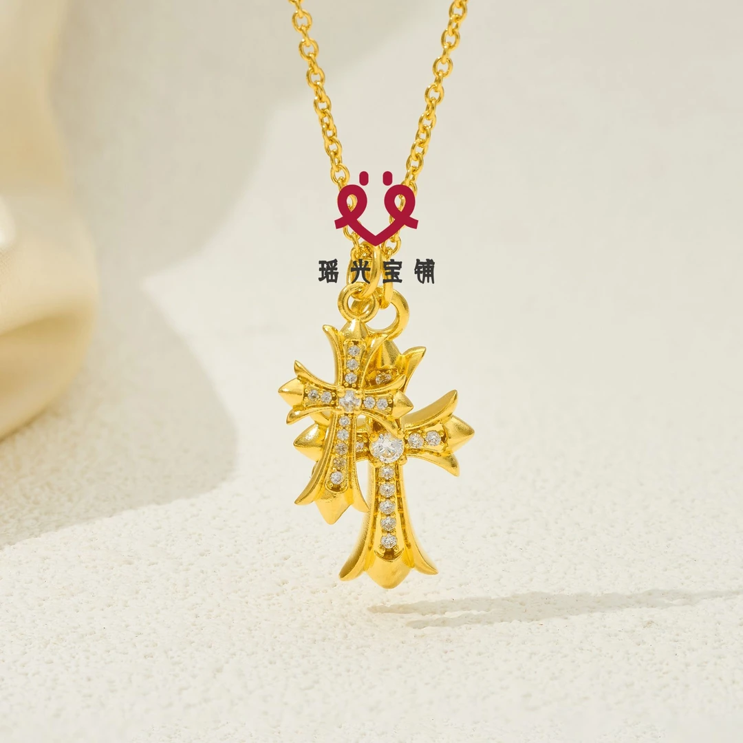 坠链均足银锆石 克罗心双十字架镶钻套链欧美小众时尚彩银项链