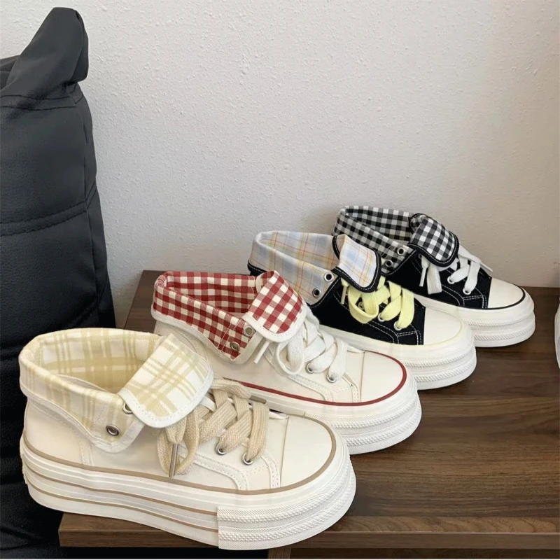 2025秋季新款时尚厚底格子ins潮百搭小众设计休闲爆款折叠帆布鞋