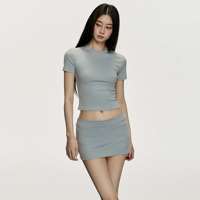 annaaneae两件套短裙+修身短款针织衫t恤女上衣辣妹短袖套装女潮