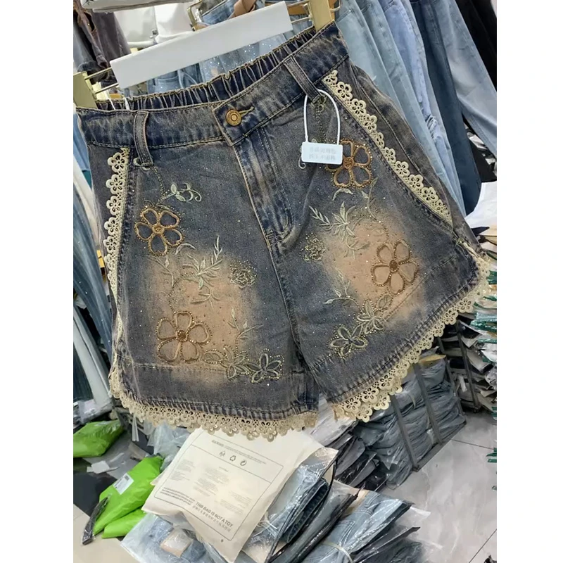 大码女装夏季薄款刺绣牛仔短裤女大码胖mm高腰弹力显瘦A字阔腿裤