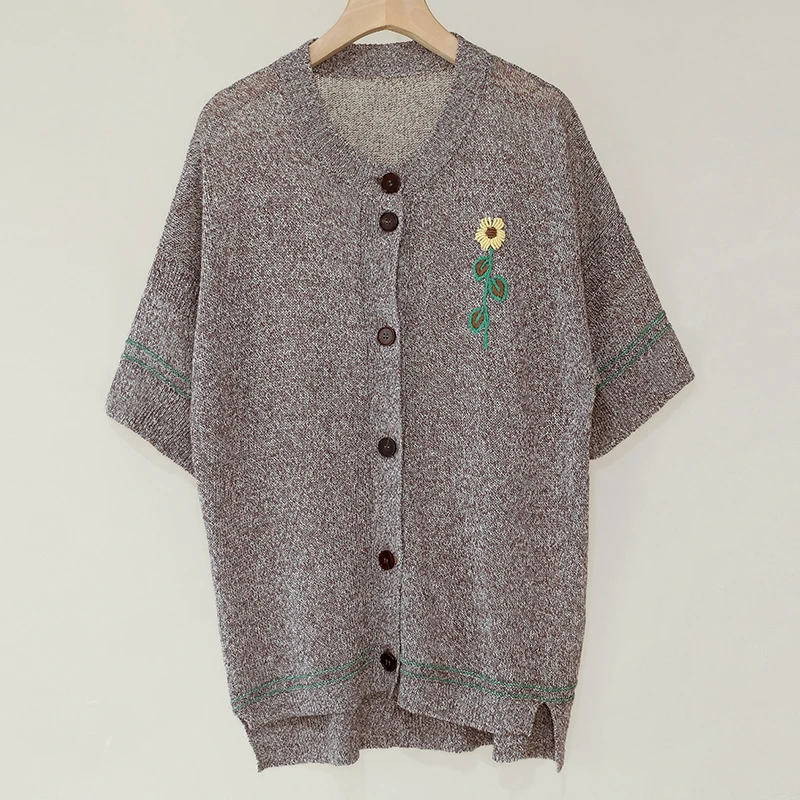 简约自然文艺复古亚麻针织开衫圆领棉麻透气刺绣短袖T恤上衣外搭