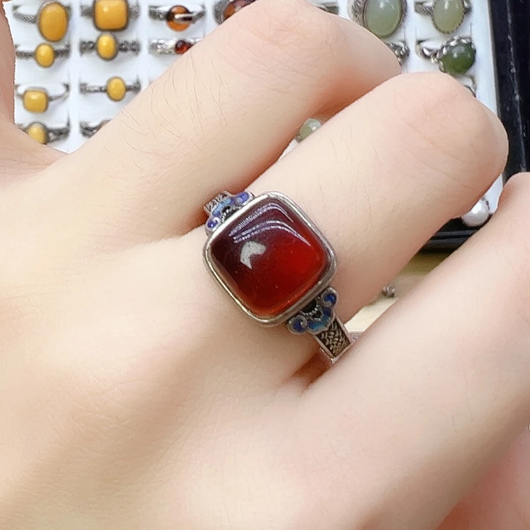 血珀银S925镶嵌戒指，