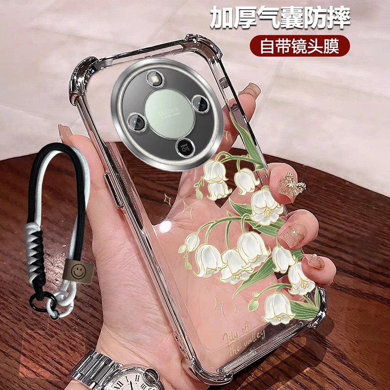 小清新适用荣耀x70手机壳花朵四角防摔X70全包带镜头膜轻奢透明女