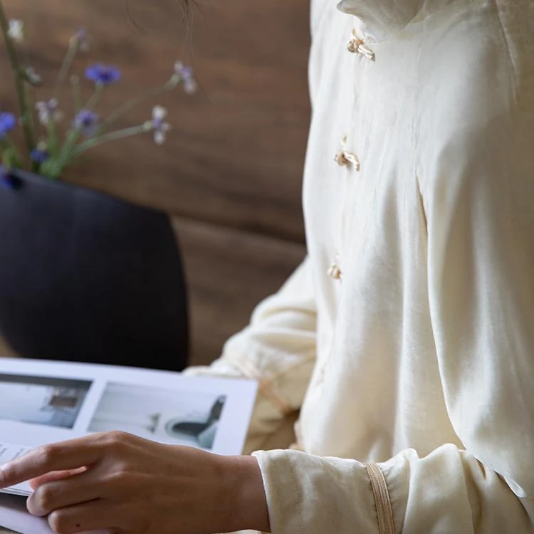 牧衣原创 丝绒净色衬衫秋季新款禅意休闲百搭中式上衣 清波闲