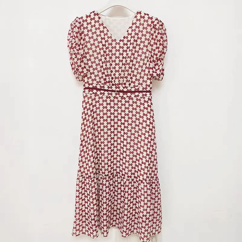 【W6红格子】MYY2025时尚百搭洋气中长款连衣裙