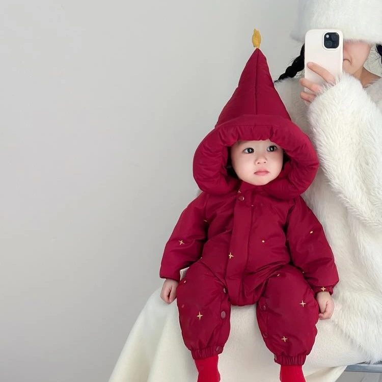 新生婴幼儿秋冬季拜年服羽绒棉服一岁宝宝外出冬款加绒加厚连体衣