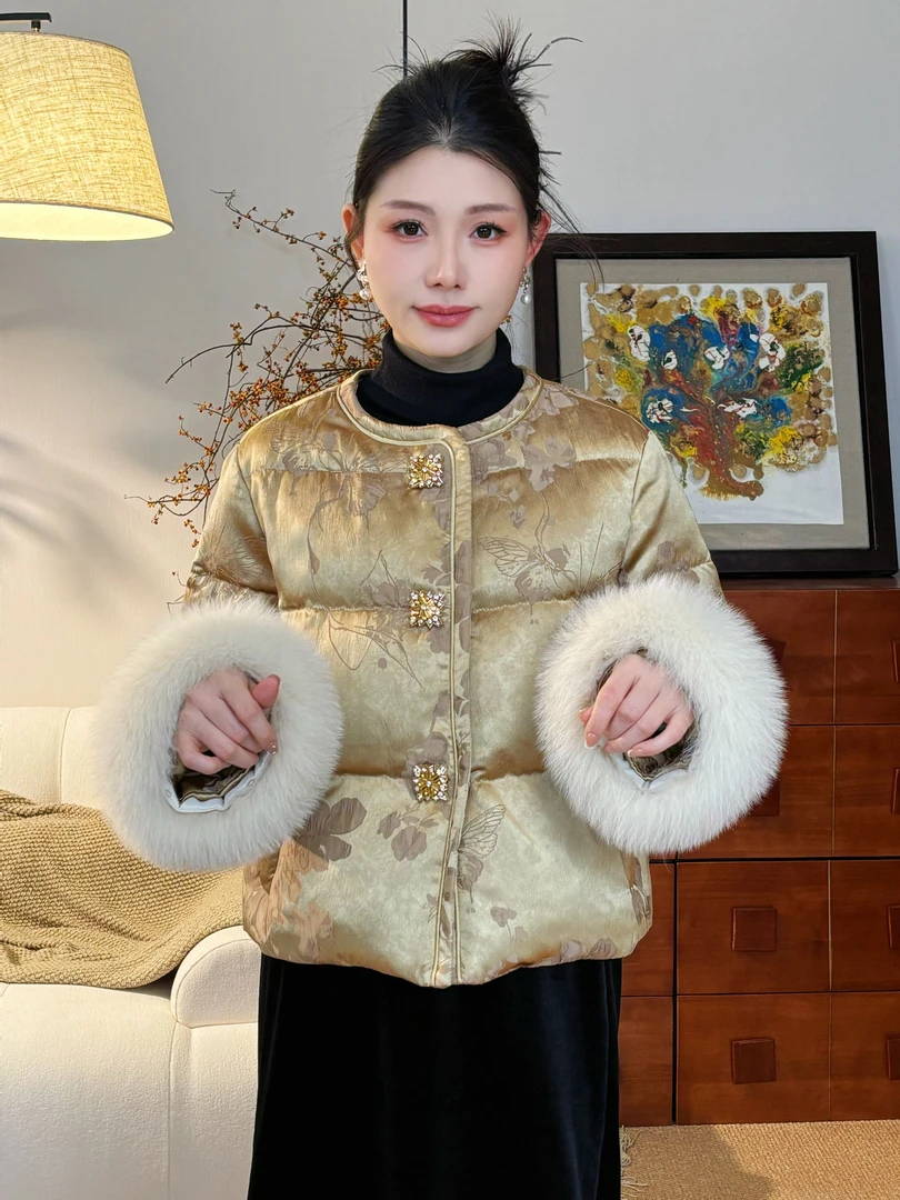 TZ 新中式国风真毛刺绣提花小众气质洋气百塔时尚白鸭绒羽绒服