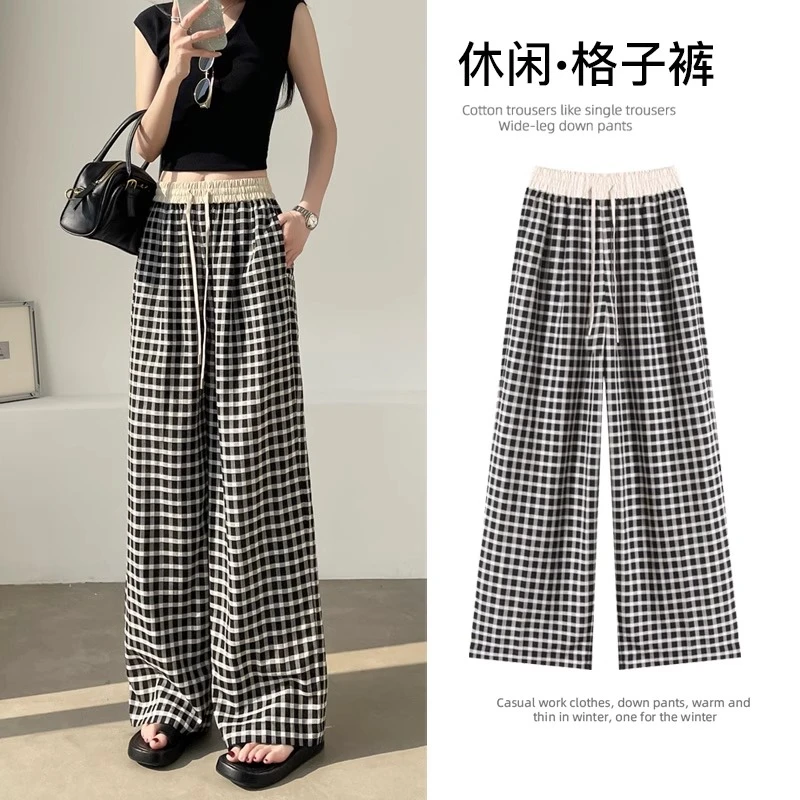新品格子阔腿裤女夏季薄款2025时尚高腰慵懒风垂感宽松直筒休闲裤
