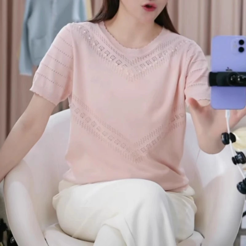 圆领钩花别致钉珠镂空短袖针织T恤女2025夏季新款百搭显瘦上衣潮